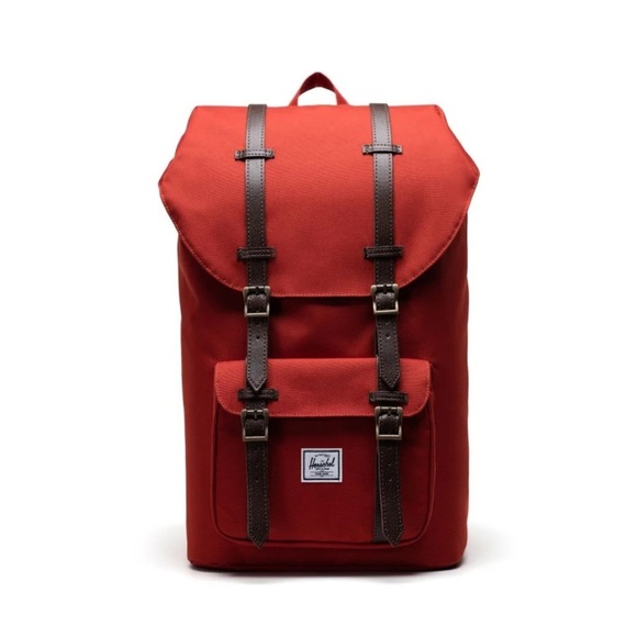 Herschel Little America Mid-Volume Backpack Red Leather Accent Laptop Travel - Picture 3 of 5